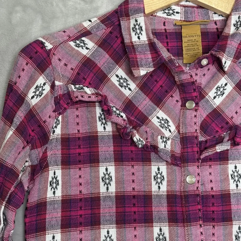 Wrangler Shirt Girls XXL Pink Plaid Western Pearl Snap Long Sleeve Ruffle Trim